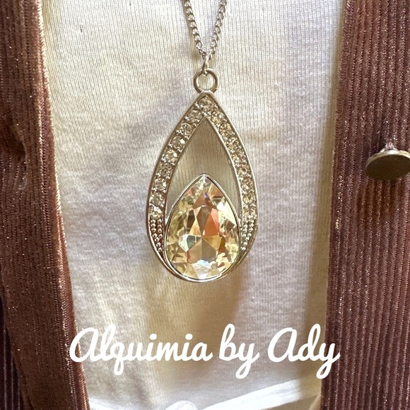 Huge jewel tone diamond style raindrop penda long necklace - Picture 2 of 3